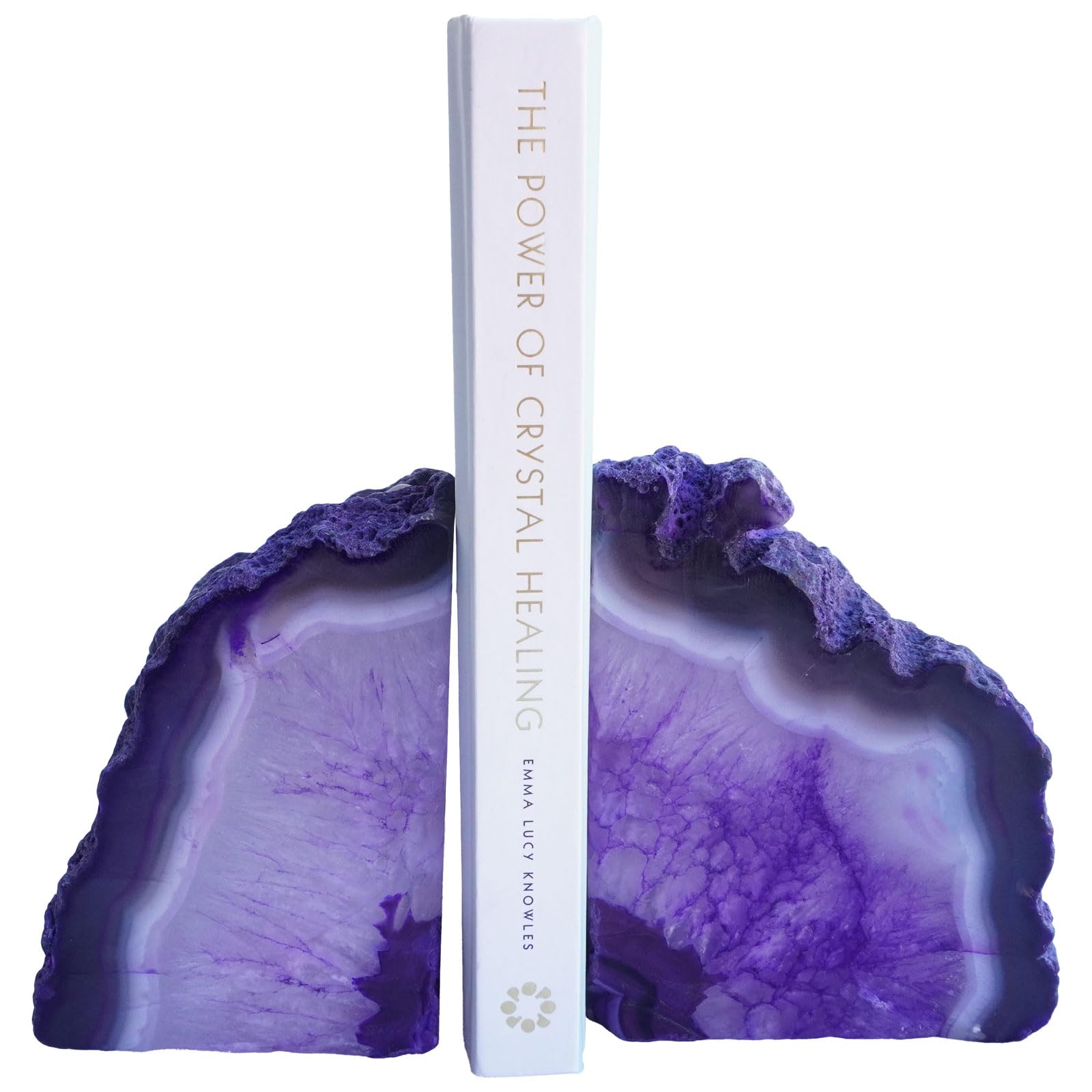 Sisamn Natural Purple Dyed Agate Geode Bookends - 3 to 4 lb Heavy Duty Rock Crystal Stone Book Ends for Shelves, with Rubber Bumpers, Decorative Book