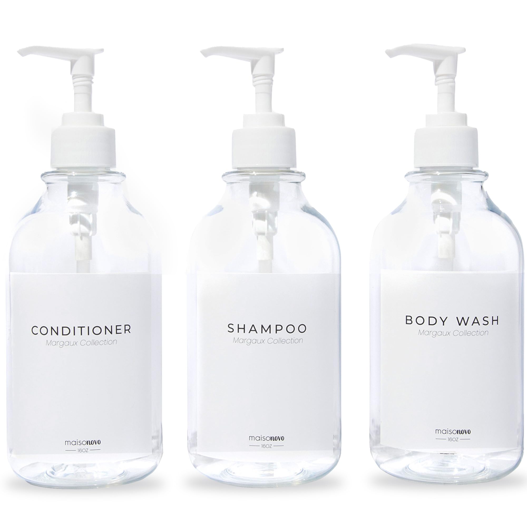 Maisonovo Women's Clear Shampoo And Conditioner Dispenser Set Of 3-500 Ml Shampoo Bottles With Pump White - Refillable Shower Soap Dispenser Set