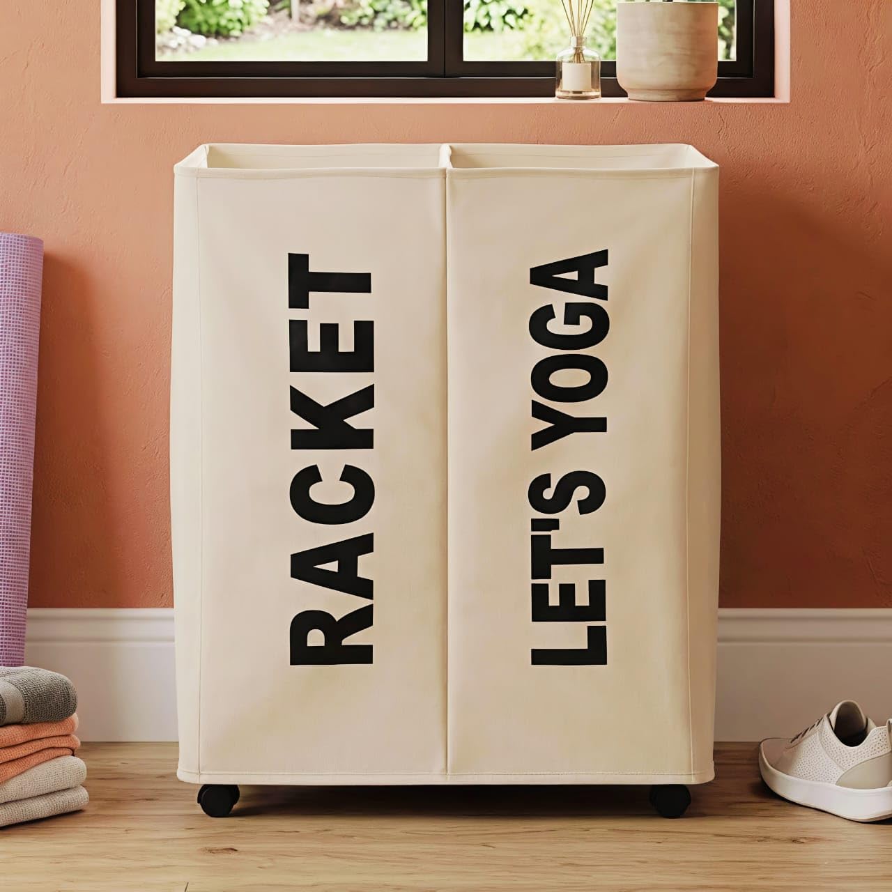 2 Compartment Yoga Mat Storage Rack with Wheels, Foldable Oxford Fabric Laundry Hamper, Dustproof Waterproof Organizer Basket for Yoga Mats, Towels, Gym Equipment, Clothes & Toys (Beige)-image-46
