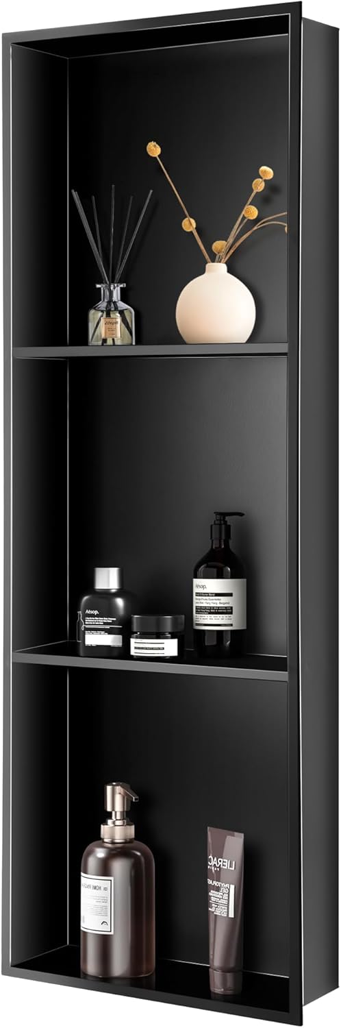 12x36 Black Shower Niche No Tile Needed,12''x36'' Bathroom Niche for Shower, 3 Tier Stainless Steel Inserts Wall Niches, Matte Black