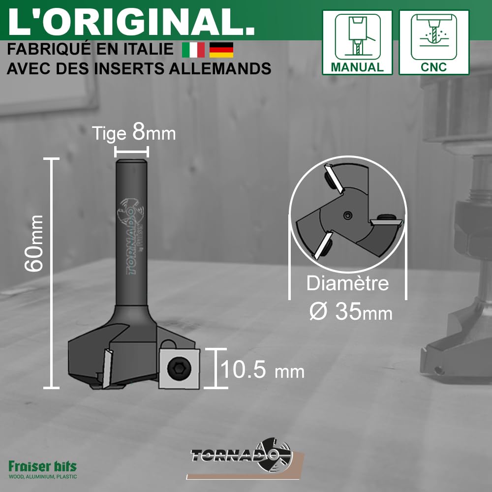 Fraise à surfacer bois 35 mm queue 8 mm 3 plaquettes carbure 10,5 mm pour défonceuse CNC