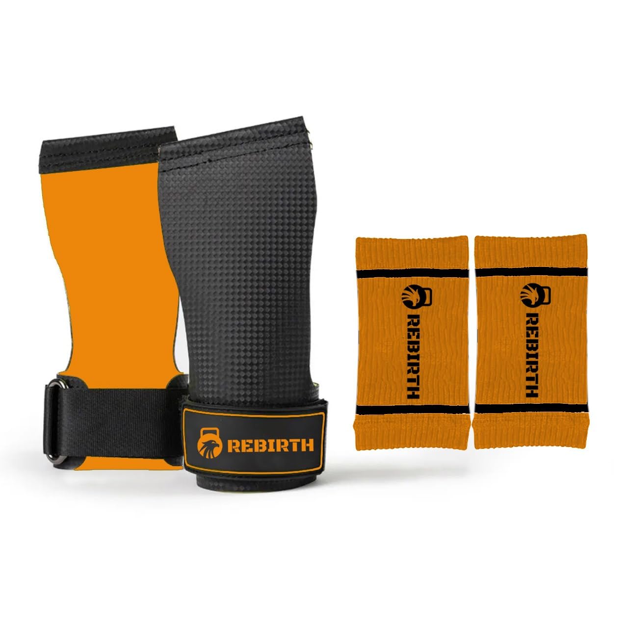 Handgrips + wrist bands | Workout gloves for men and women | Great for pull ups, weight lifting & Cross Training | Flexible Fabric Use with chalk | Black & Orange