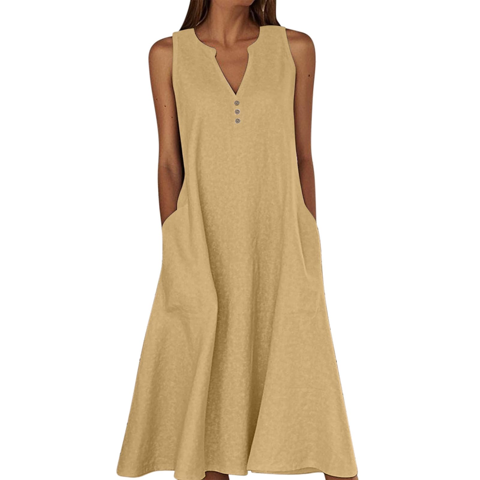 Sommerkleid Damen Lang,Ärmellose Maxikleid V-Ausschnitt Tankkleid Strandkleider Hohe Taille Lange Lockere Knielang Kleid Elastischer Taille Basic Solide Freizeitkleid T Shirt Tunikakleid mit Taschen