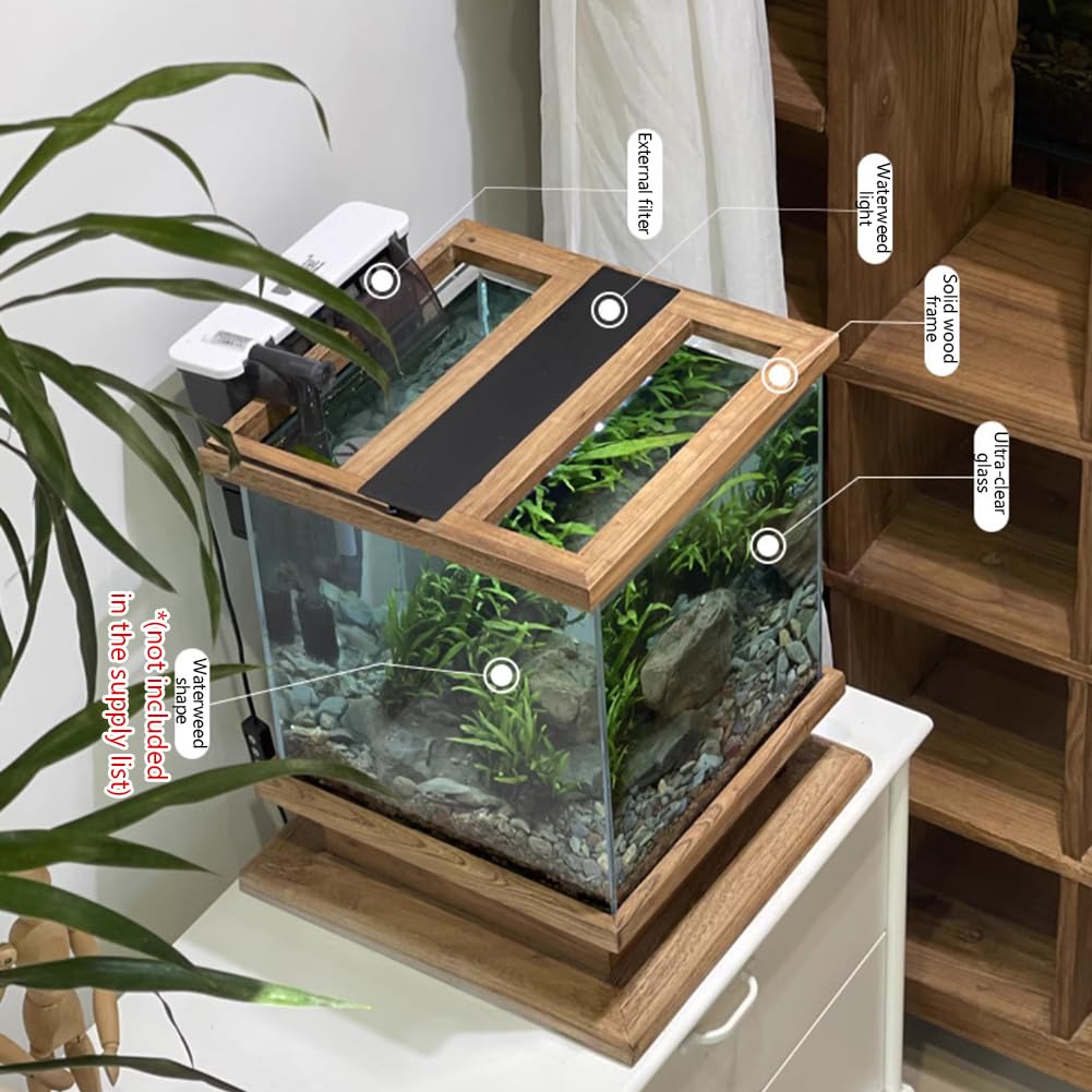 Acuario Grande con Base De Madera Maciza, Pecera Profesional Retro para Peces Betta, Kit De Inicio Autolimpiable De Estilo Vintage, Pecera De Vidrio Y Madera,50cm