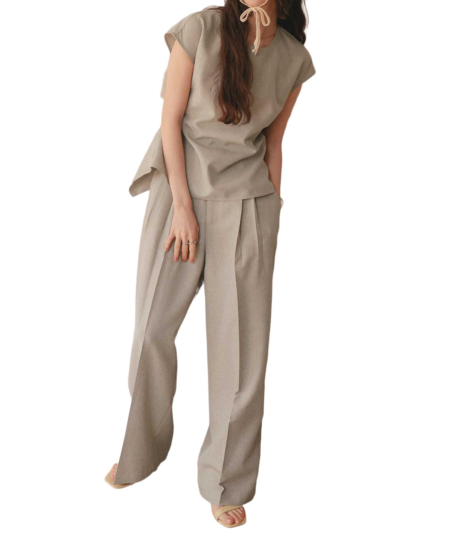 Amazon | [ティティベイト] リネンライク ツータック ワイドパンツ