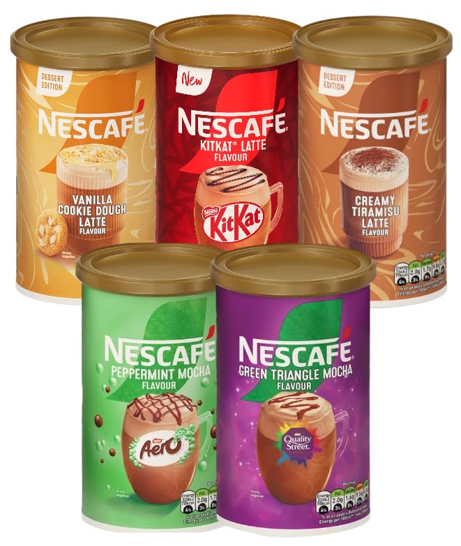 NESCAFÉ Instant Coffee Tin Variety Pack (Pack of 5) Flavours - Aero Peppermint Mocha Green Triangle Mocha KitKat Creamy Tiramisu Vanilla Cookie Dough Latte