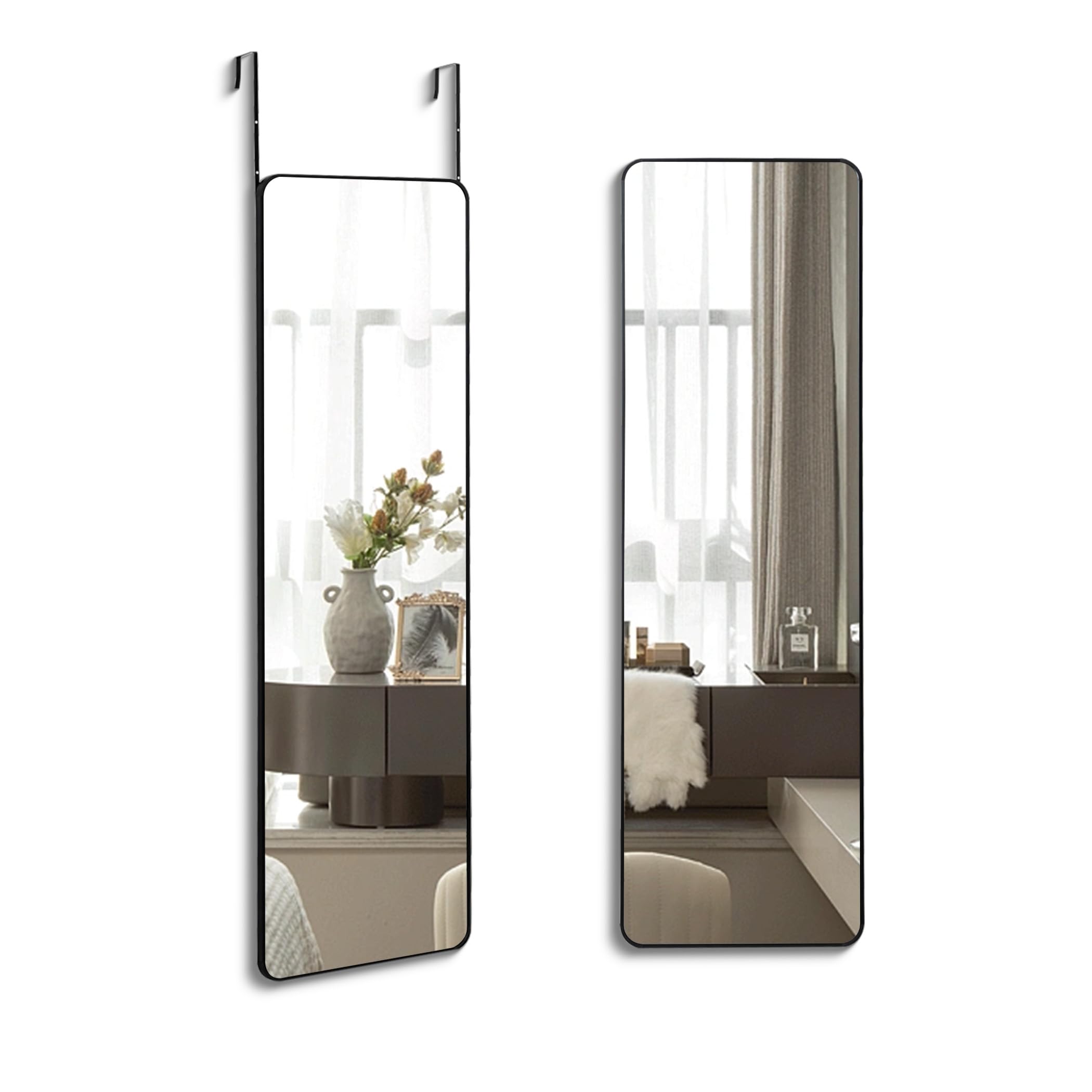 CIVENO Over The Door Mirror, 14" x 48" Full Length Mirror, Black Rectangular Door Hanging Mirror, Long Full Body Dressing Mirror with Hanging Bracket for Bedroom, Living Room, Dorm