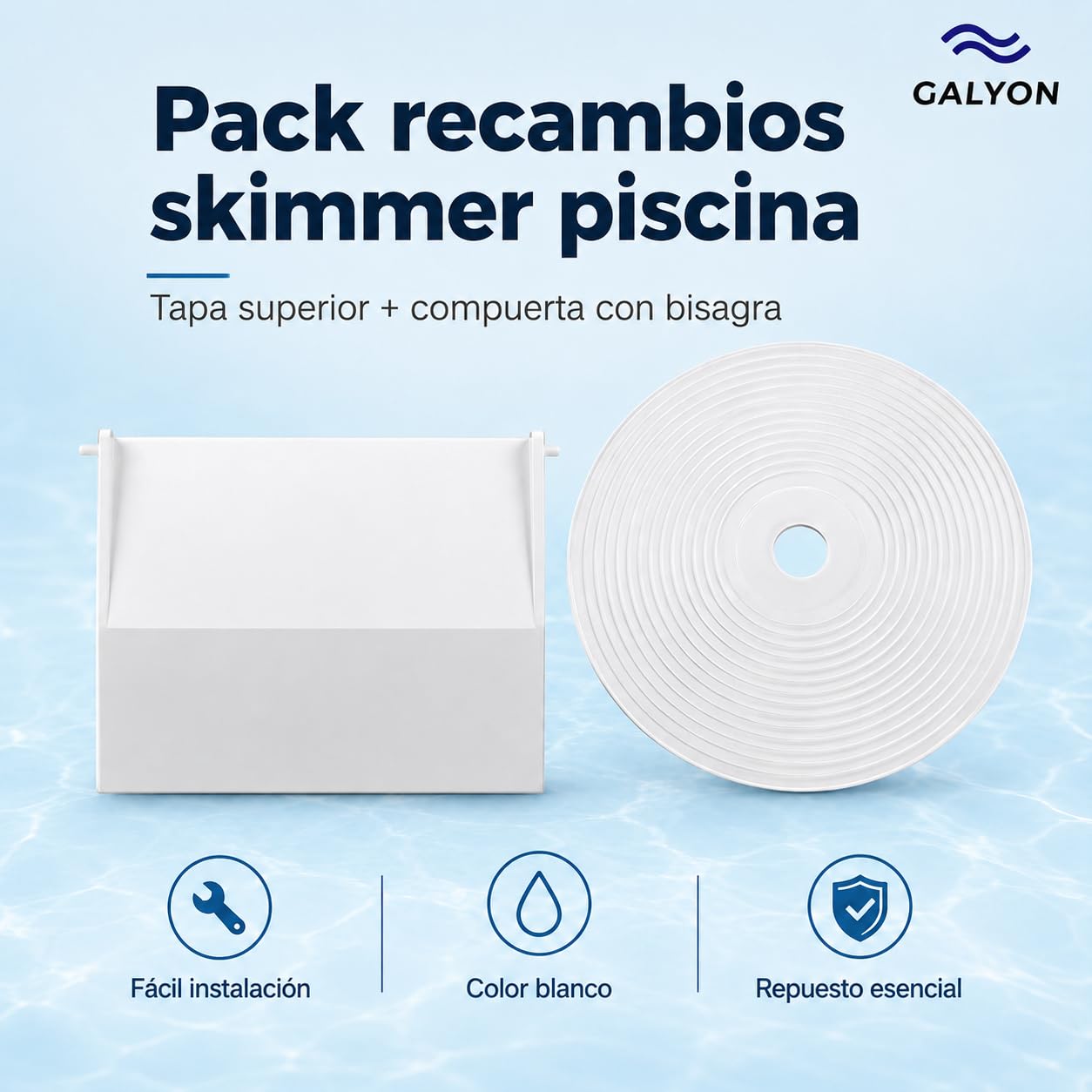 Pack Recambios Skimmer Piscina Compatible con AstralPool | Tapa Skimmer + Compuerta Skimmer con Bisagra | Repuestos para Filtración y Mantenimiento de Piscinas | Color Blanco