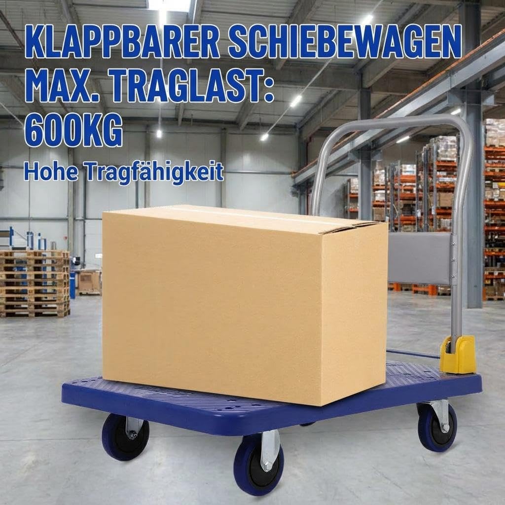 GarveeTech Plattformwagen Klappbar 600kg, 89x59cm Schwerlast Transportwagen | 360° Leichtlaufrollen, rutschfeste Oberfläche, für Lager & Werkstatt, ergonomischer Griff, platzsparend, stabil, robust