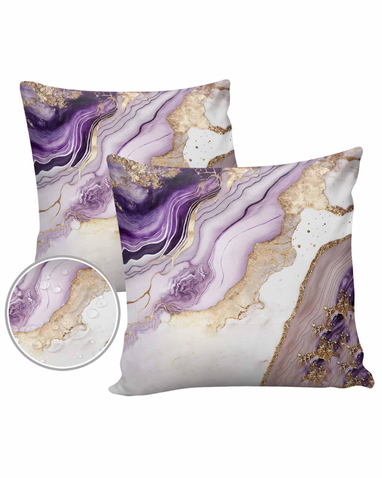 Purple Marble Outdoor Pillow Covers Waterproof, All Weather Cushion Case Set of 2, Gradual Marbling Luxurious Gold White Decorative Pillowcases for Sofa Couch Bed Decor Patio Furniture 18
