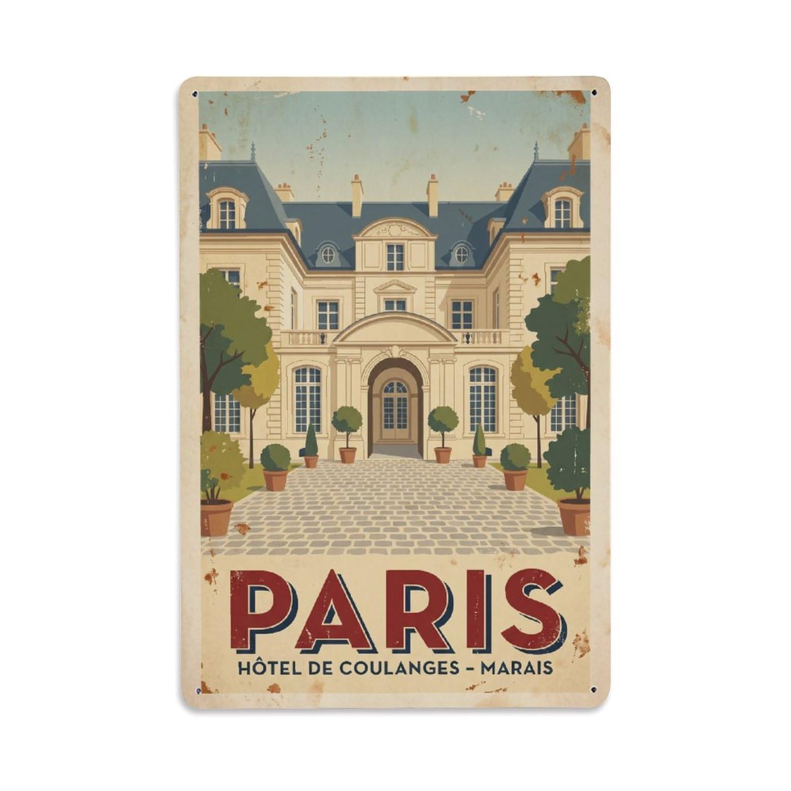 Vintage Travel Paris Hôtel De Coulanges Mansion Rusted France Metal Tin Sign Plaque Wall Decor for Cafe, Club Bar, Office, Home Garden Metal Poster 8x12Inch