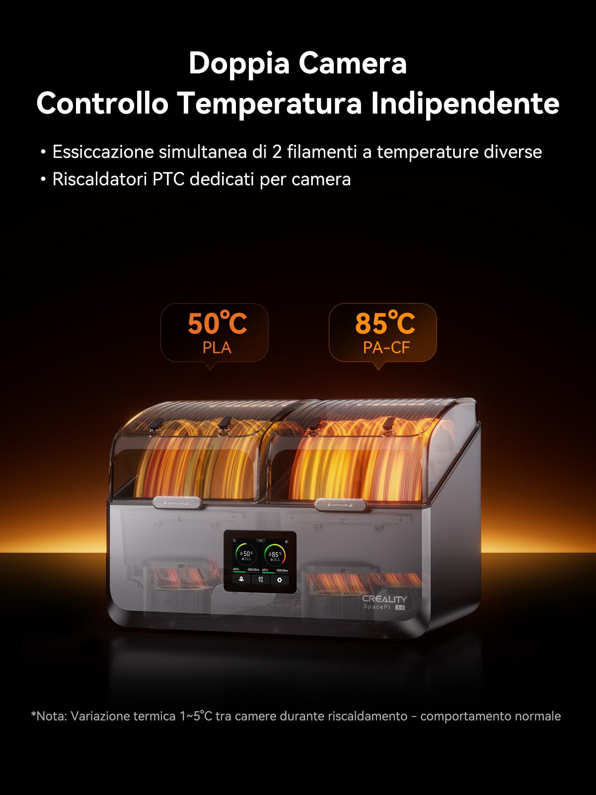 Creality Space Pi X4 Filament Dryer, 4 Bobine & Doppia Camera Riscaldante, 200W PTC (85°C), 360° Riscaldamento, Essiccazione Rapida, Stoccaggio Anti-Umidità per PLA PETG TPU ABS 1,75/2,85 mm