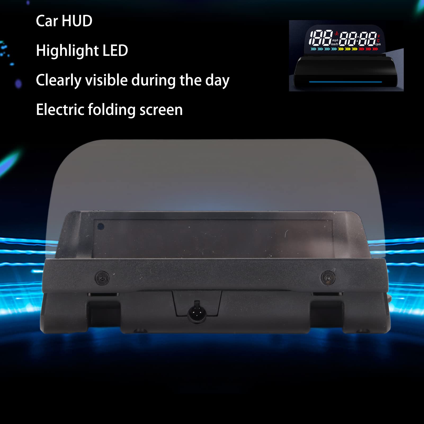 Función de alarma HUD para coche, pantalla Digital plegable para vehículo con luz ambiental para velocidad OBD