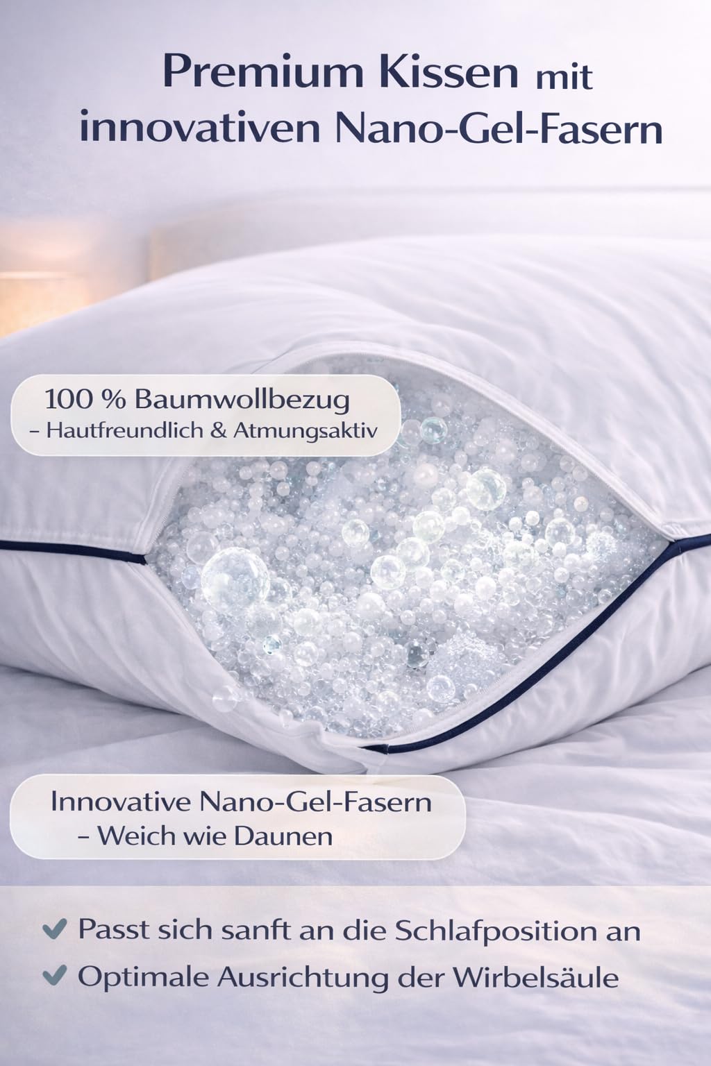 ELY PARKER Almohada contra el dolor de cuello Nano Gel calidad hotel 50 x 70 cm, apto para alérgicos, alternativa, 100% algodón, lavable (2 unidades)
