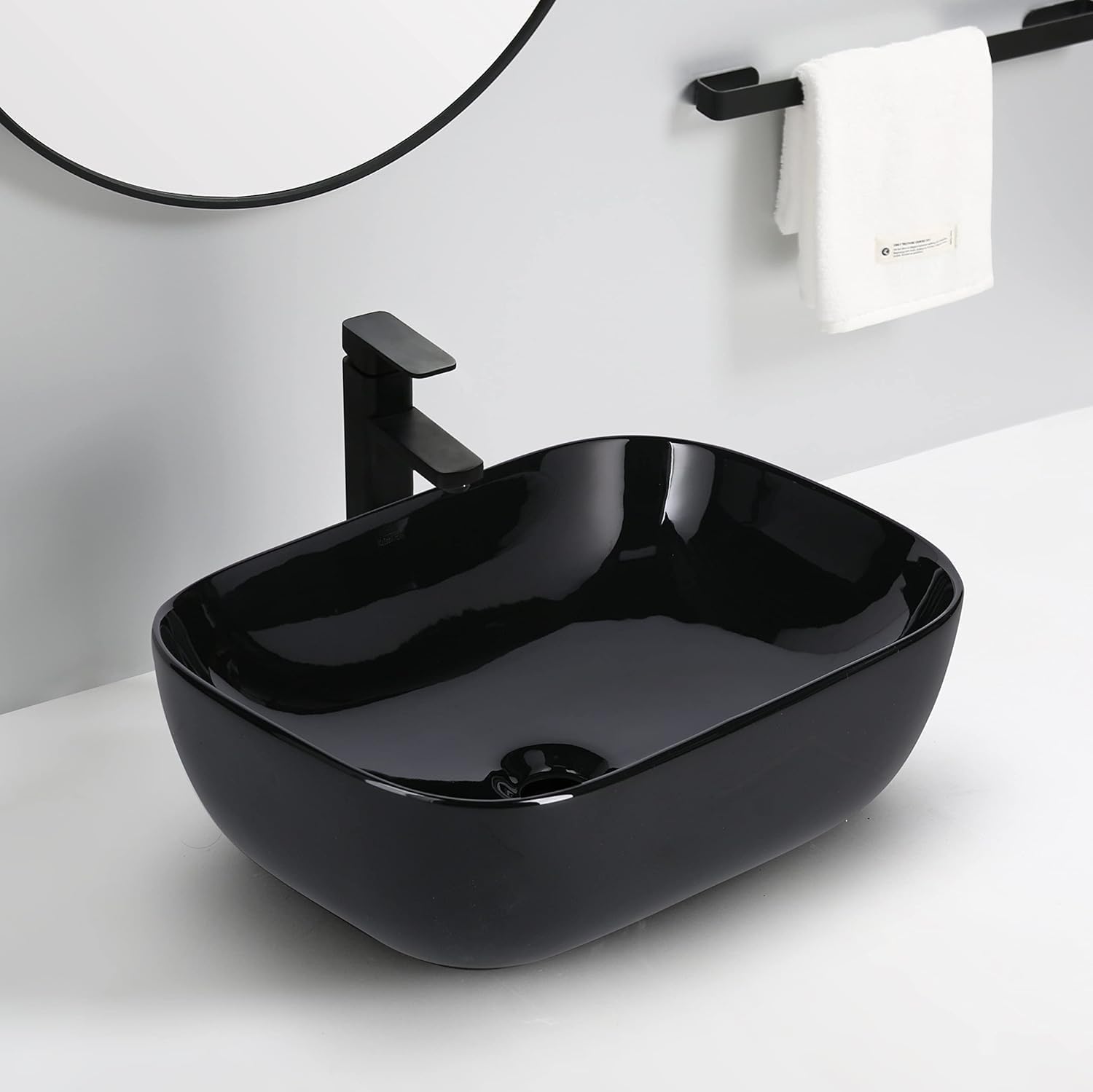 MAHISRE Ceramic Countertop Wash Basin | Designer Table Top Bathroom Basin Sink | Vessel Sink Wash Basin Over Counter for Bathroom, Hotel, Home Living Room (18x13x5.5 Inch) (Glossy Black)