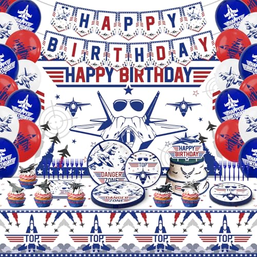 Air Force Birthday Decorations Top Fighter Jet Party Decorations Airplane Gun Birthday Party Decorations Include Balloons Backdrop Banner Cake ToppersTableware Tablecloth