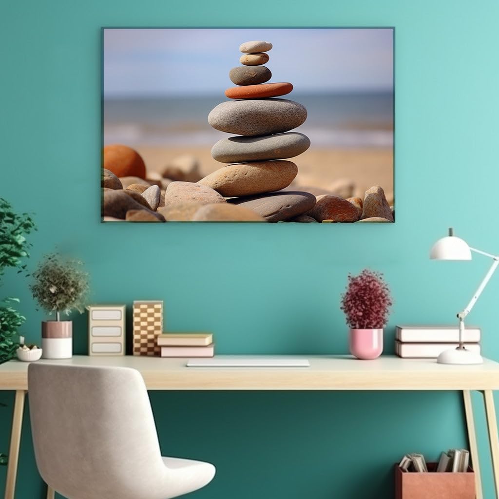 Canvas for Living room. Balancing Serenity: Unveiling Harmony in a Beachside Stone Stack Against the Ocean's Infinity, 27 x 18 inch Canvas Wall Art - Ready to Hang