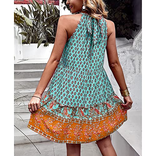 Damen Kleider Sommer Böhmen Blumendruck kurzes Kleider Swing Strandkleider Rückenfreies ärmellos hohe Taille Neckholder Kleid Minikleid Sommerkleider Freizeitkleid für Alltag Freizeit(S-Grün)