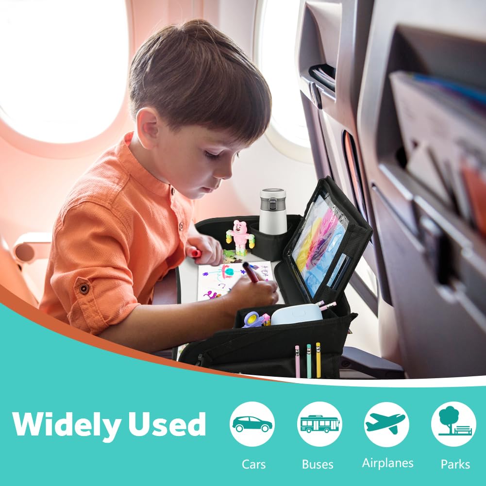 Set combinato 1 Vassoio da Viaggio e 1 Protezione Sedili Auto,Tavolino Auto Bambini, Vassoio Portatile per Tablet, Studiare/Disegnare in Macchina per Ragazze e Maschi (Pacchetto Combinato Nero)