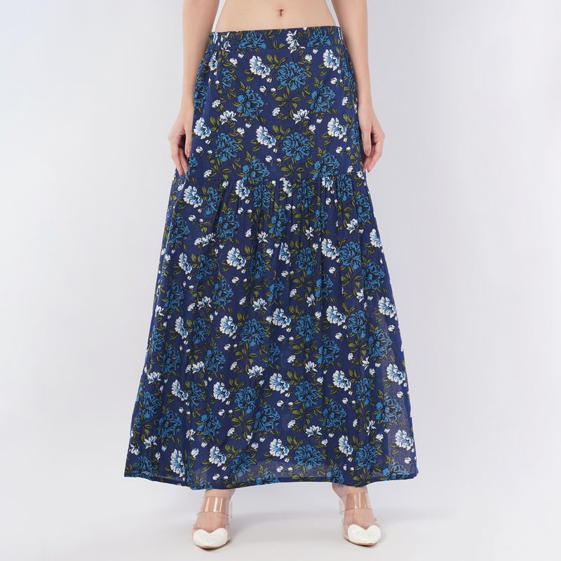 Rabhika Women’s Dark Blue Floral Patterned Pure Cotton Maxi Skirt, Elegant Flowy Long Skirt for Daily Ethnic Wear| S 4