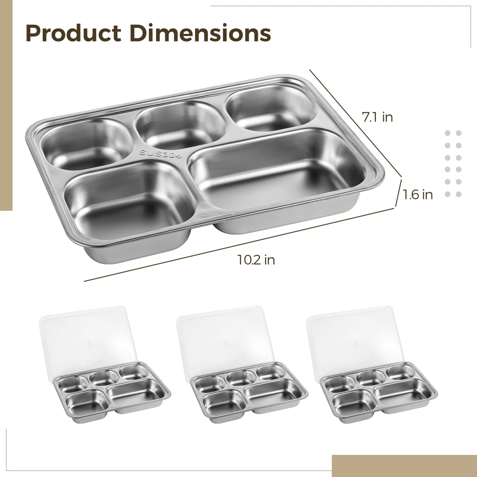 Edelstahl-Snack-Tabletts mit PP-Deckeln, 5 Fächern, Mahlzeiten-Vorbereitungsbehälter für Kinder, 25,9 x 18 x 4,1 cm