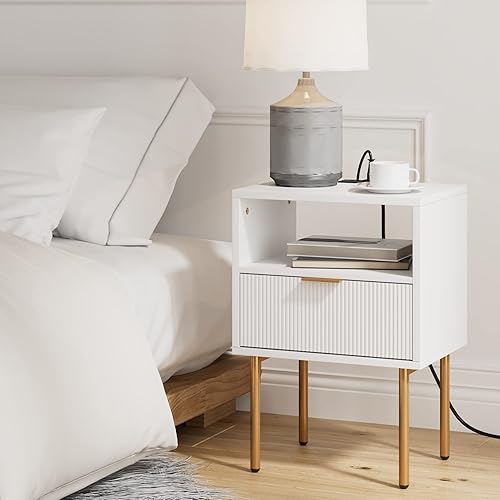 Miniatura 3 de Mesita de noche con estación de carga, moderna mesita de noche de mediados de siglo con cajón de almacenamiento y estante de madera abierto, mesa