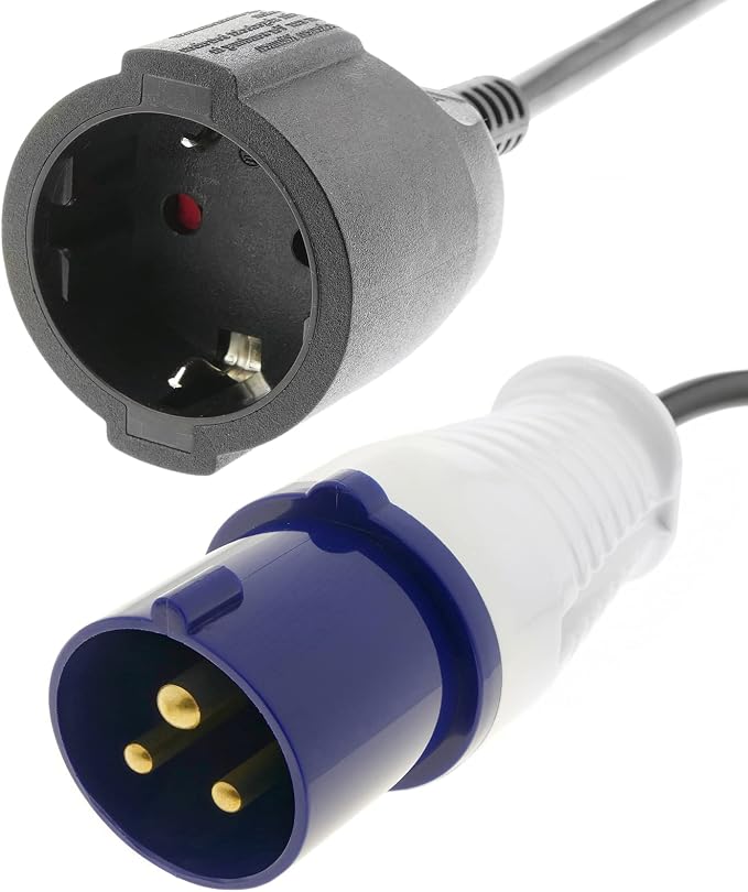 BeMatik - Enchufe industrial Adaptador CETAC macho a SCHUKO hembra 2P+T 16A 230V IP44 IEC-60309 cable 1m