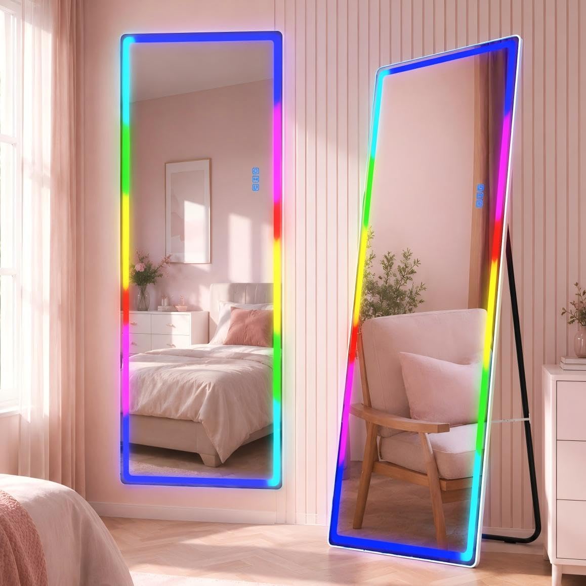 LVSOMT RGB Ganzkörperspiegel mit Beleuchtung, 153x50cm Standspiegel Ganzkörperspiegel Ohne Rahmen, LED Wandspiegel Groß für Schlafzimmer Wohnzimmer, 7 Dynamische Modi und 7 Farben Licht, Weiß