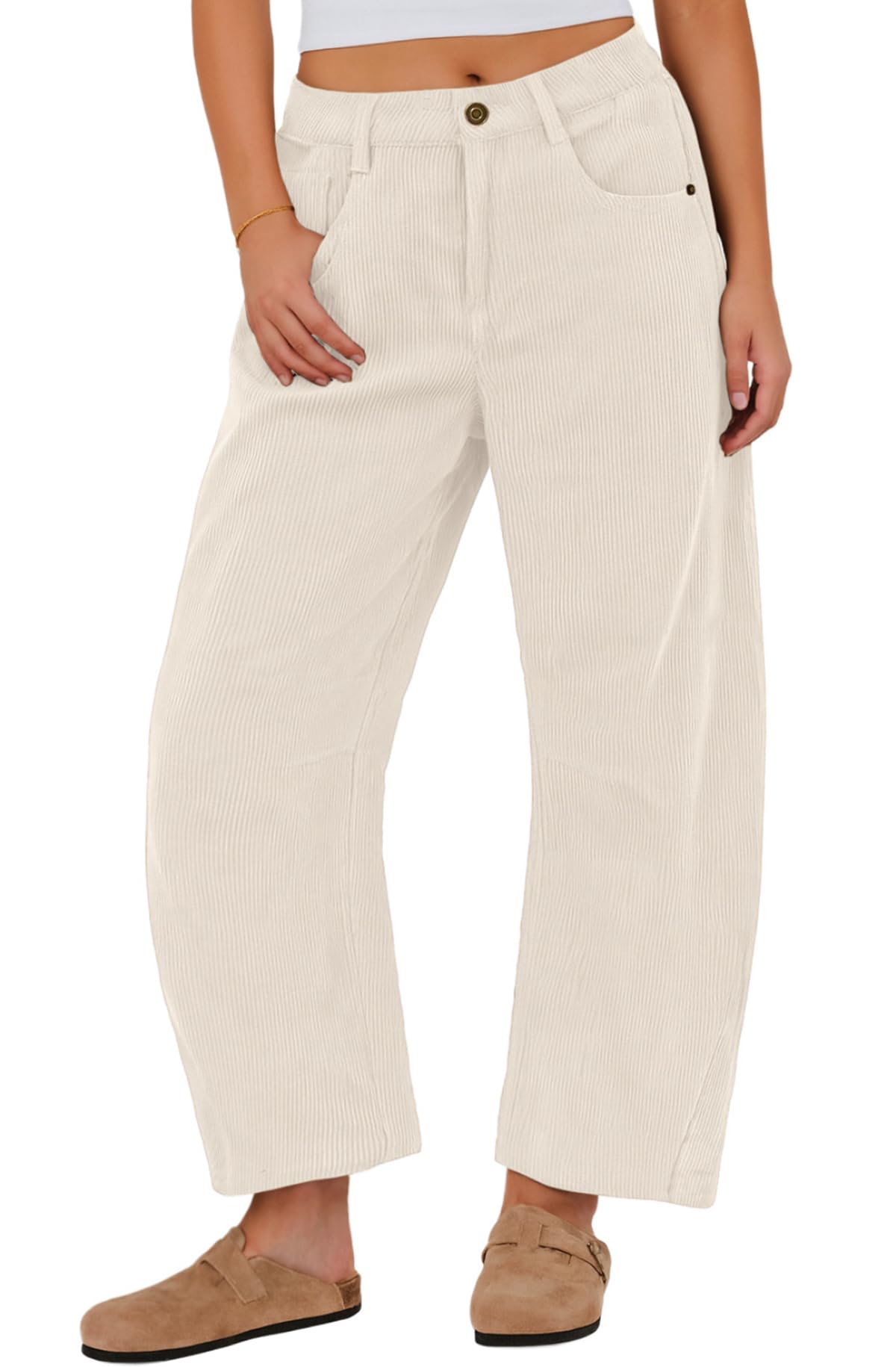 IWOLLENCE Womens Corduroy Barrel Pants Mid-Rise Elastic Waist Casual Cord Wide Legs Baggy Pant with Pockets