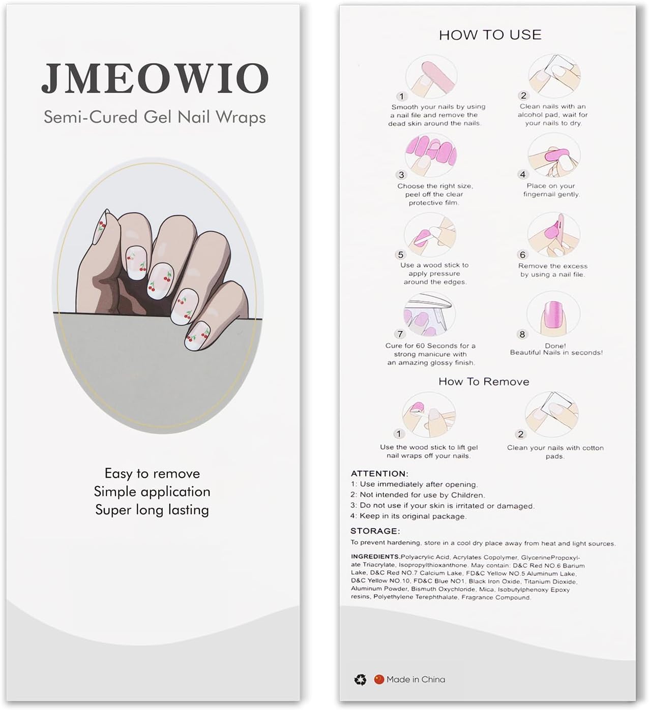 JMEOWIO Gel Nail Stickers Cherry French Tip Semi Cured Gel Nail Strips Wraps UV/LED Nails Art Design Decoration Accessories