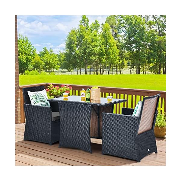 Kotek 3 piece outdoor dining set pe rattan dining table chairs set with tempered glass top cushions wicker conversation set patio bistro set for backyard garden porch grey  urban country home decor