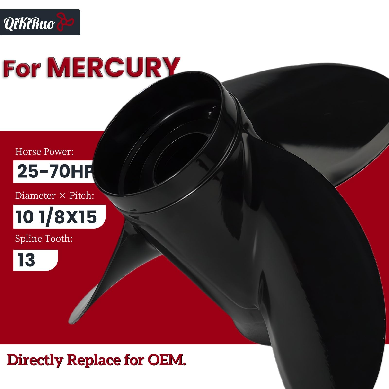 10 1/8 x 15 Propeller passend für Mercury 25/30/35/40/45/50/55/60/70/75 PS, Upgrade OEM 13 Spline Tooth Aluminium Außenbord-Requisiten, rechts, 48-73140A45