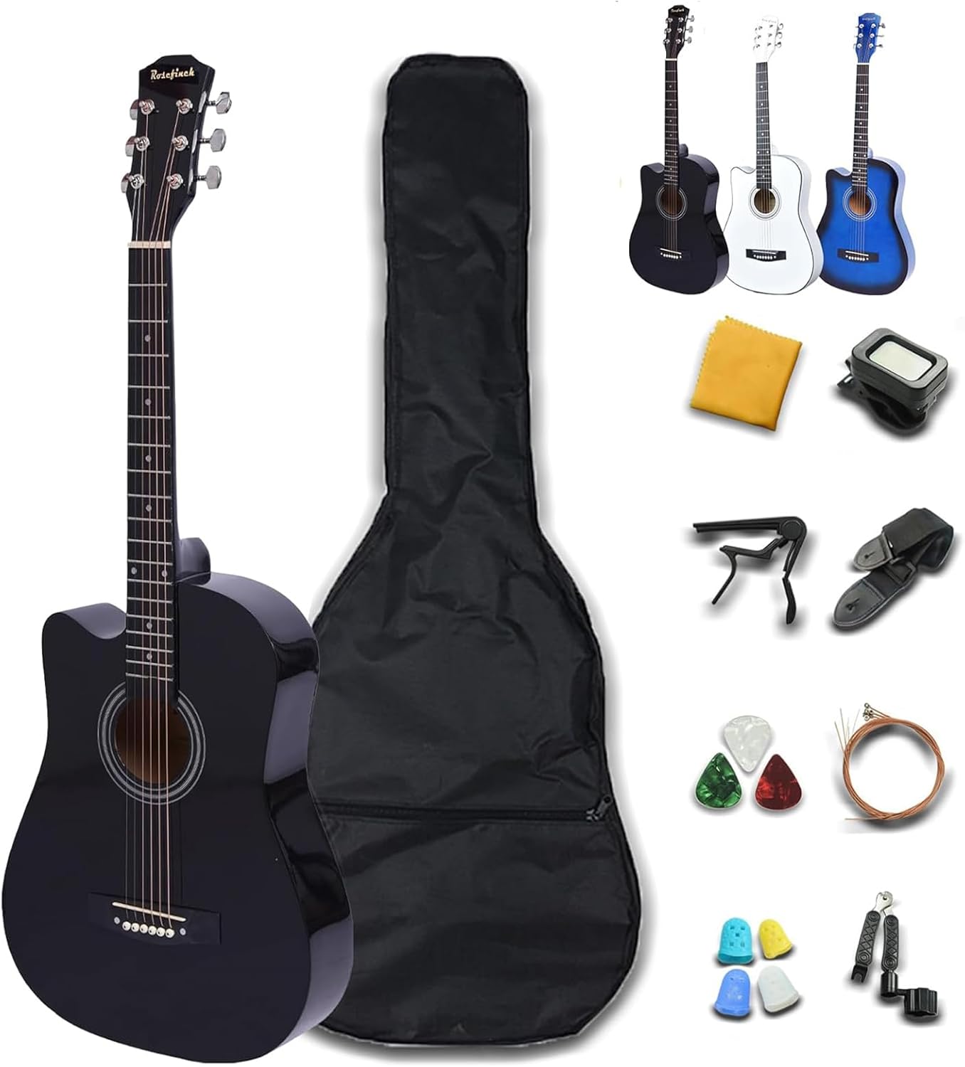 Rosefinch 38 inch Left Handed Acoustic Guitar Kit for Beginner 3/4 Size Cutaway Lefty Acustica Guitarra Bundle Set (38″ Black)