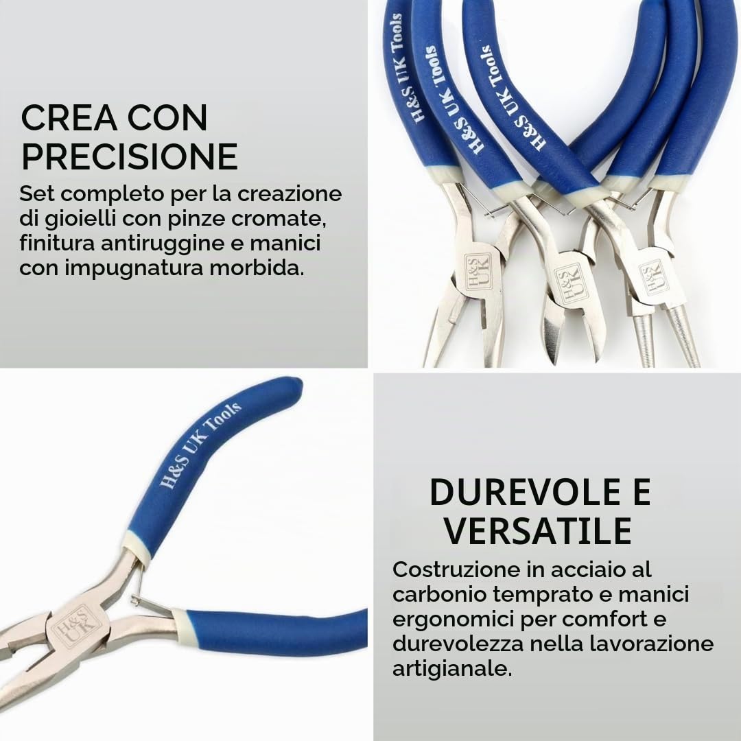 H&S Set Pinze per Bigiotteria Cromate per la Creazione di Gioielli - Set da 3 con Pinze Lunghe, ad Ago e a Punta Tonda - Attrezzi per la Bigiotteria Bricolage e Fai da Te