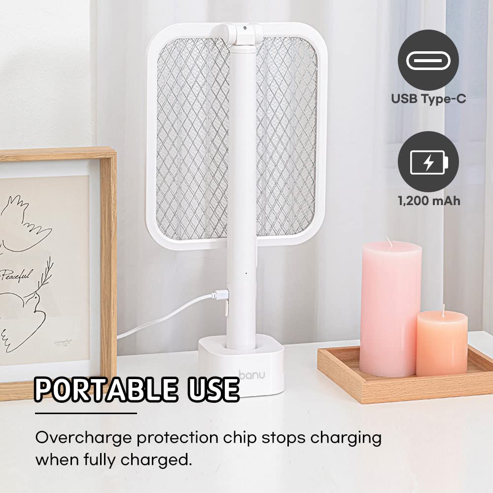 BANU - Raqueta eléctrica plegable en ángulo de 180 grados, ideal para matamoscas 2 en 1, lámpara recargable de 1200 mAh con 3 capas de malla de seguridad para interiores y exteriores