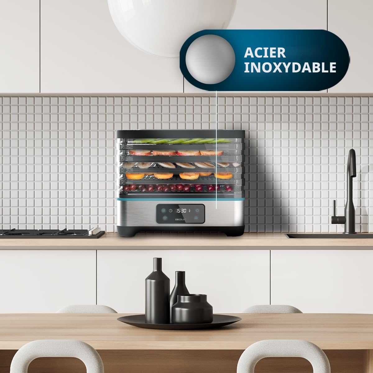 Cecotec Déshydrateur d'Aliments VitaDry Pro. 300 W, Déshydrateur de Fruits avec 5 Plateaux Réglables en Hauteur, Écran Digital, Minuterie de 30 min à 48 heures, Température de 35°C à 70°C, Inox.