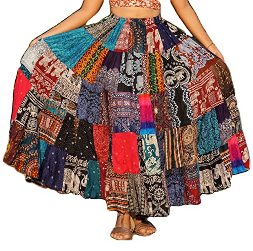 Patchwork Skirt Long Boho Colorful Unique Gypsy Tiered Maxi Full Flared Rayon, Multicoloured, Large