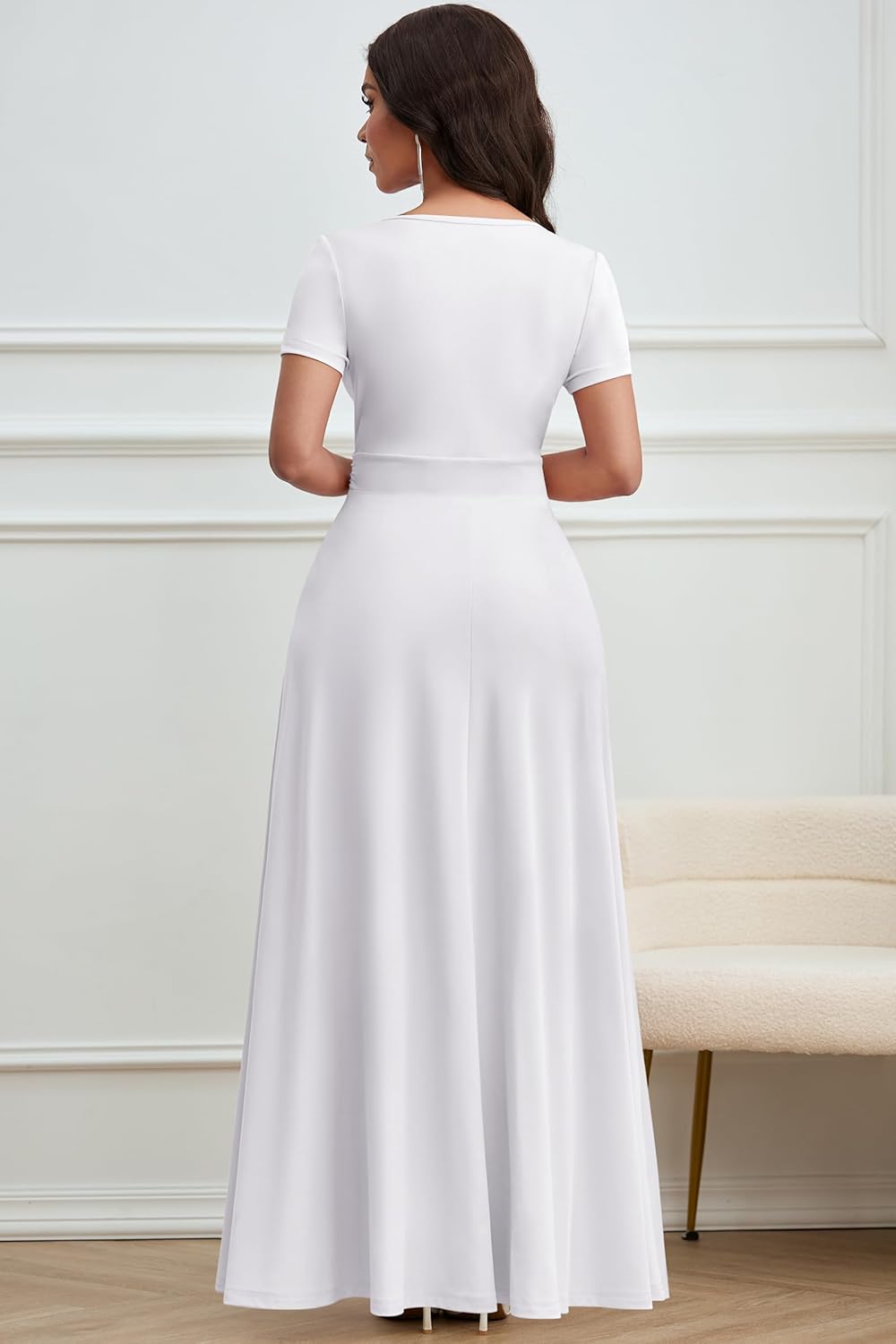 CLOCOR Maxi Dress for Women Long Formal Short Sleeve A Line V Neck Dresses Wedding Guest High Waist Elegant - Image 5