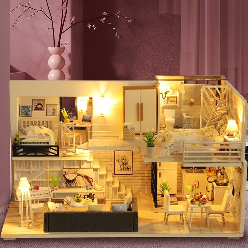 Kit fai da te in miniatura per casa delle bambole a 2 piani, modello moderno in legno con luci a LED, kit di costruzione fai da te, regalo creativo per hobby per adulti e ragazzi