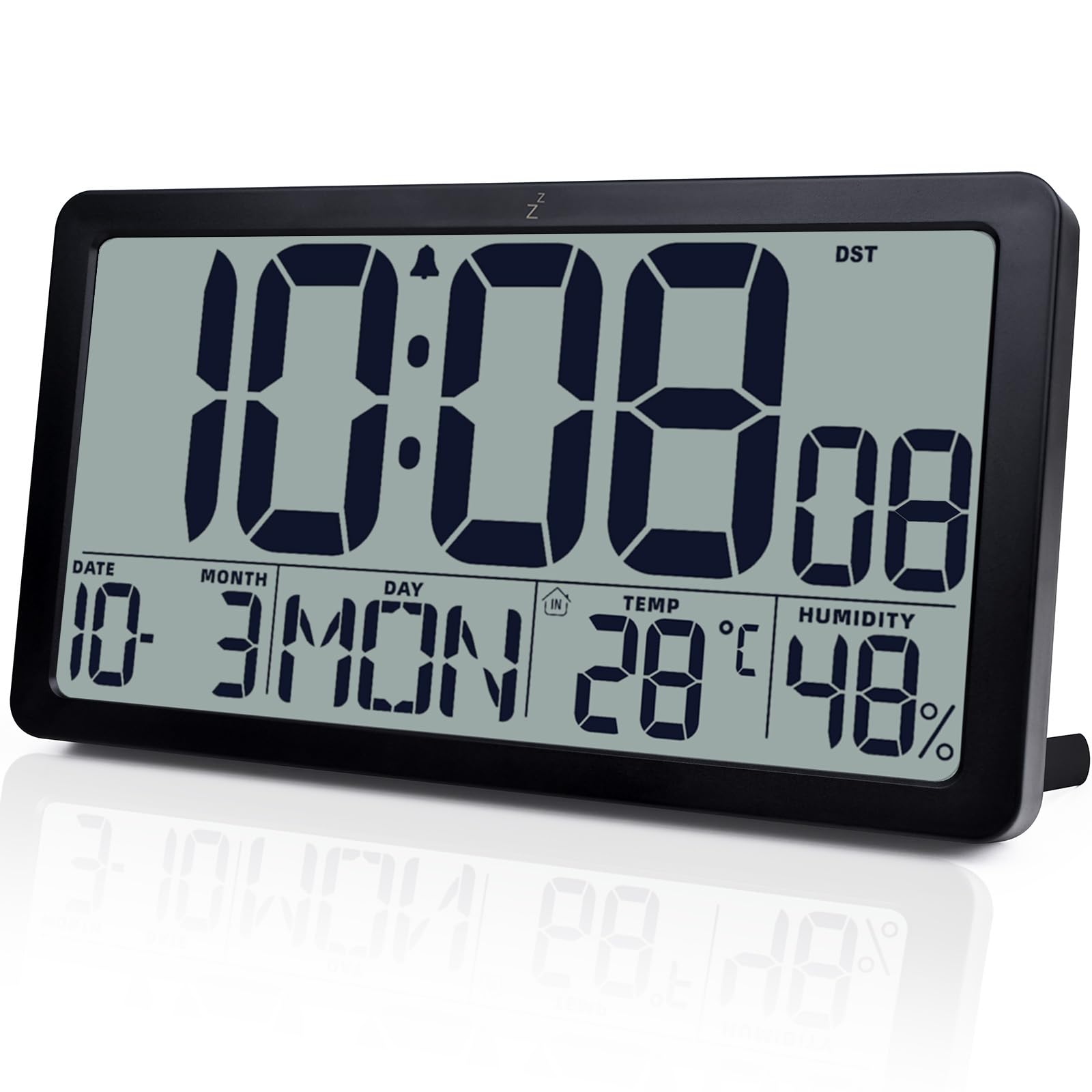 QINYUNE 10.5 inch Large LCD Display Digital Alarm Clock with Temp and Humidity, Battery Operated Wall Clock, Auto DST, 57 Ringtones, Ideal for Seniors