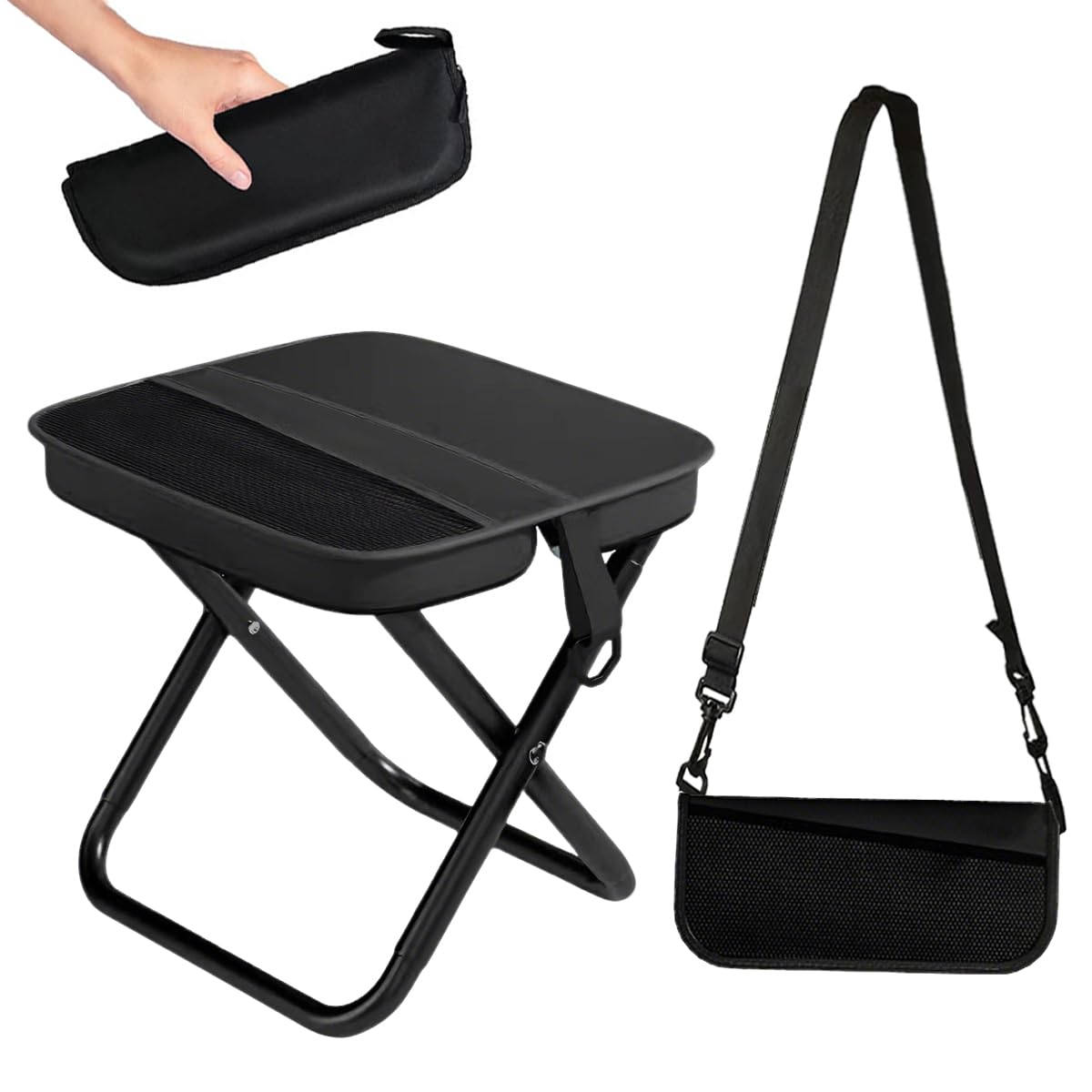 Sedia Pieghevole Portatile, Mini Sedia Pieghevole per Esterni con Tracolla e Sacchetto a Rete, Sgabello Pieghevole da Campeggio per Viaggi Escursionismo Giardino Pesca Barbecue (Black)