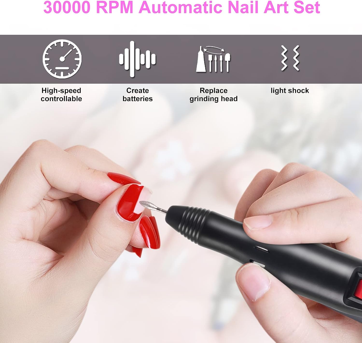 Wodesid Nail Drill Machine Electric Nail File Drill Set Kit with Sanding Bands Low Noise Vibration for Acrylic Nails, Gel Nail Art Polisher Sets Glazing Manicure Grinder Tool (Gray)