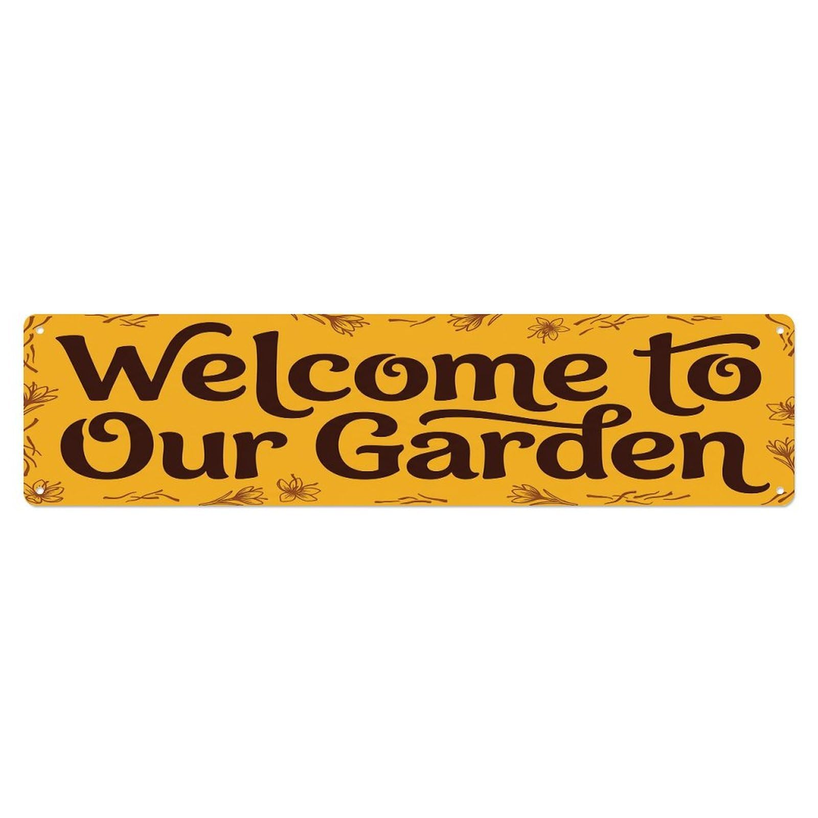 Vintage Welcome to Our Garden Saffron Yellow Metal Tin Sign