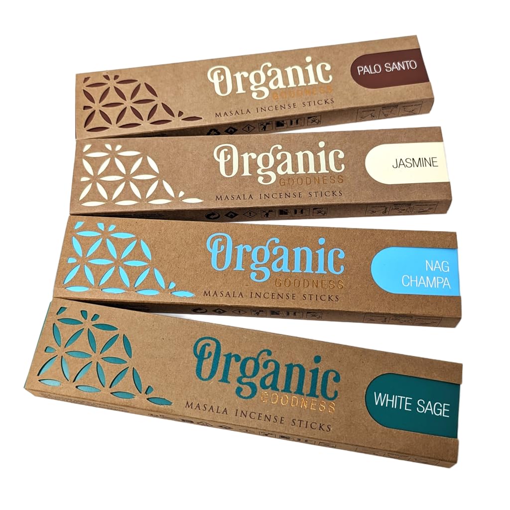Organic Goodness Incense Sticks 4-Pack Set (Palo Santo, Nag Champa, Jasmine, White Sage) with JRose Wooden Incense Burner – Natural Masala Incense for Meditation, Aromatherapy & Relaxation