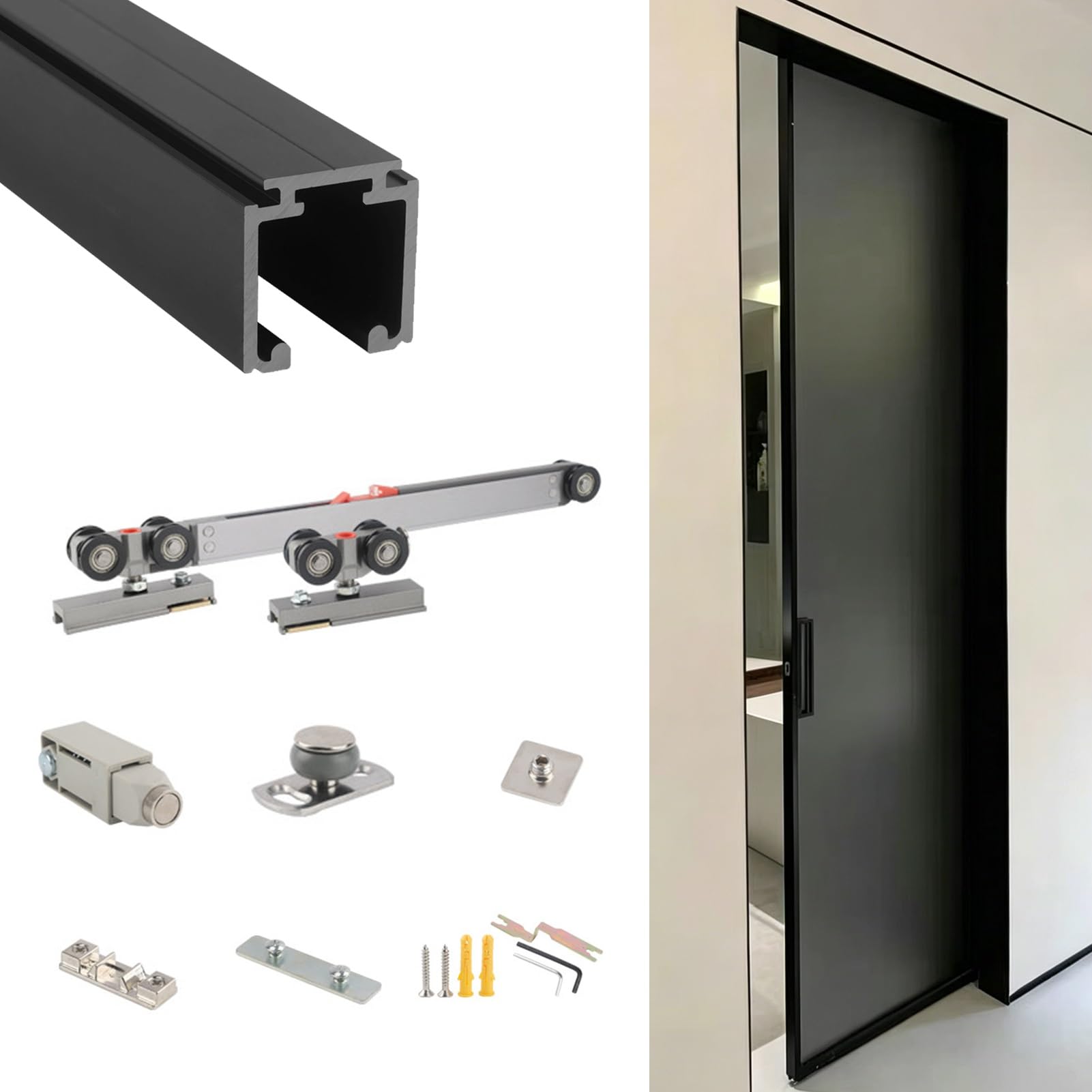 Silent Soft-Press Sliding Door Track Hardware, Push Open Pocket Door Rail Set for Bedroom, Modern Invisible Glass Bypass Door Track System(Black,10.2ft/3.1m)