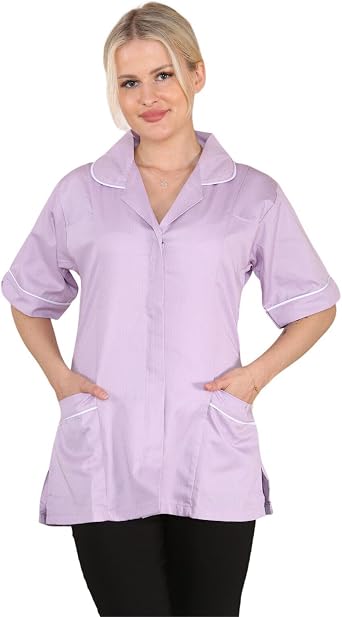Womens Tunic Shirt Ladies Healthcare Doctor Nurse Nursing NHS Hospital Clinic Beauty Salon Vet Work Wear Short Sleeves Tunics Medical Uniform Carers Shirts Casual Blouse Maid Dress Top Lapel Collar