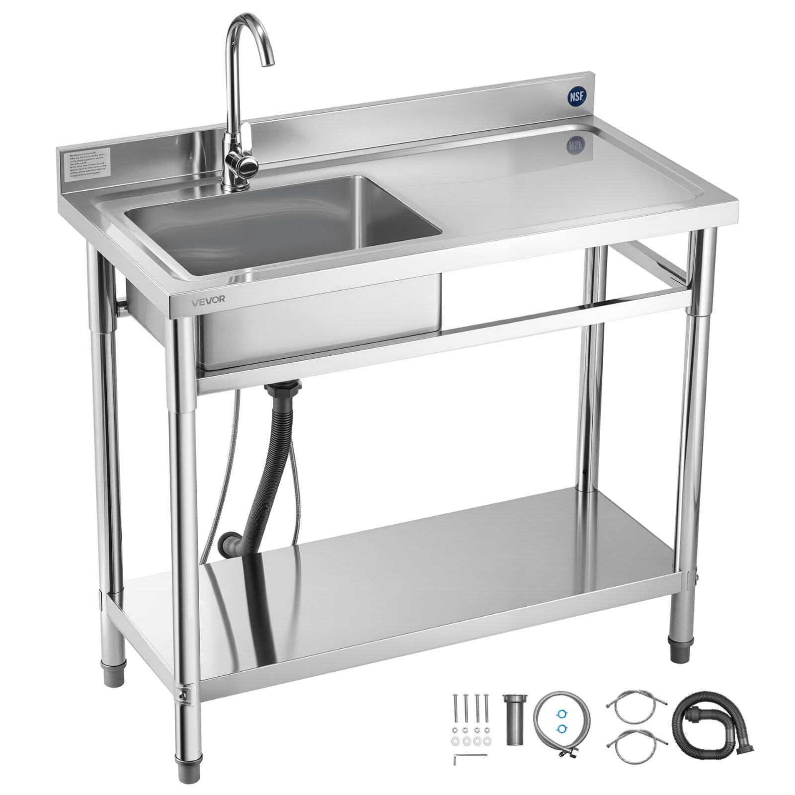 VEVOR Fregadero de Cocina Utilitario de Acero Inoxidable, con Cubeta Izquierda, Incluye Grifo y Tuberías para Agua Fría y Caliente, para Garaje, Restaurante, Lavandería, 100 x 50 x 94 cm, Plata