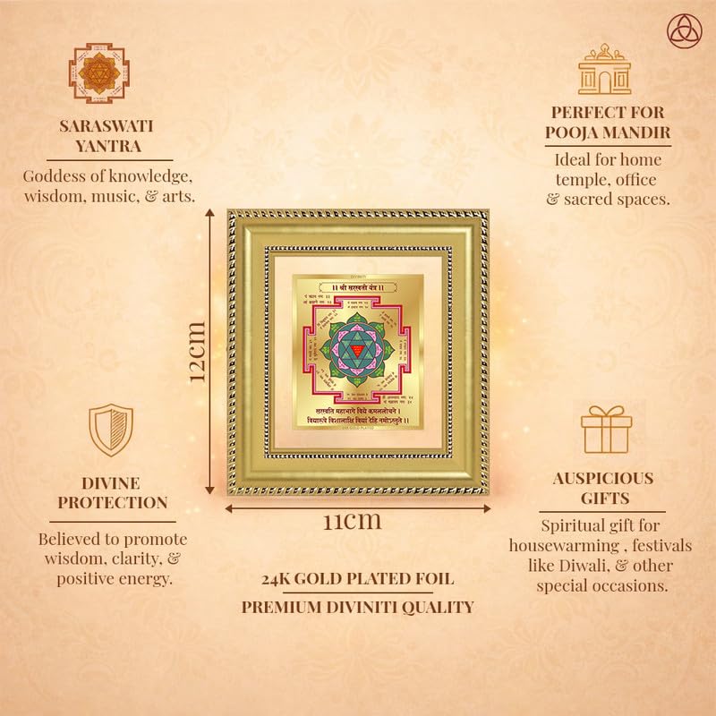 Image of DIVINITI Siddh Energised Saraswati Yantra | 24k Gold Plated Foil Wisdom Blessings Vastu Frame for Home, Office & Puja Room | Spiritual Yantra for Knowledge, Wisdom & Success (12 X 11 CM)