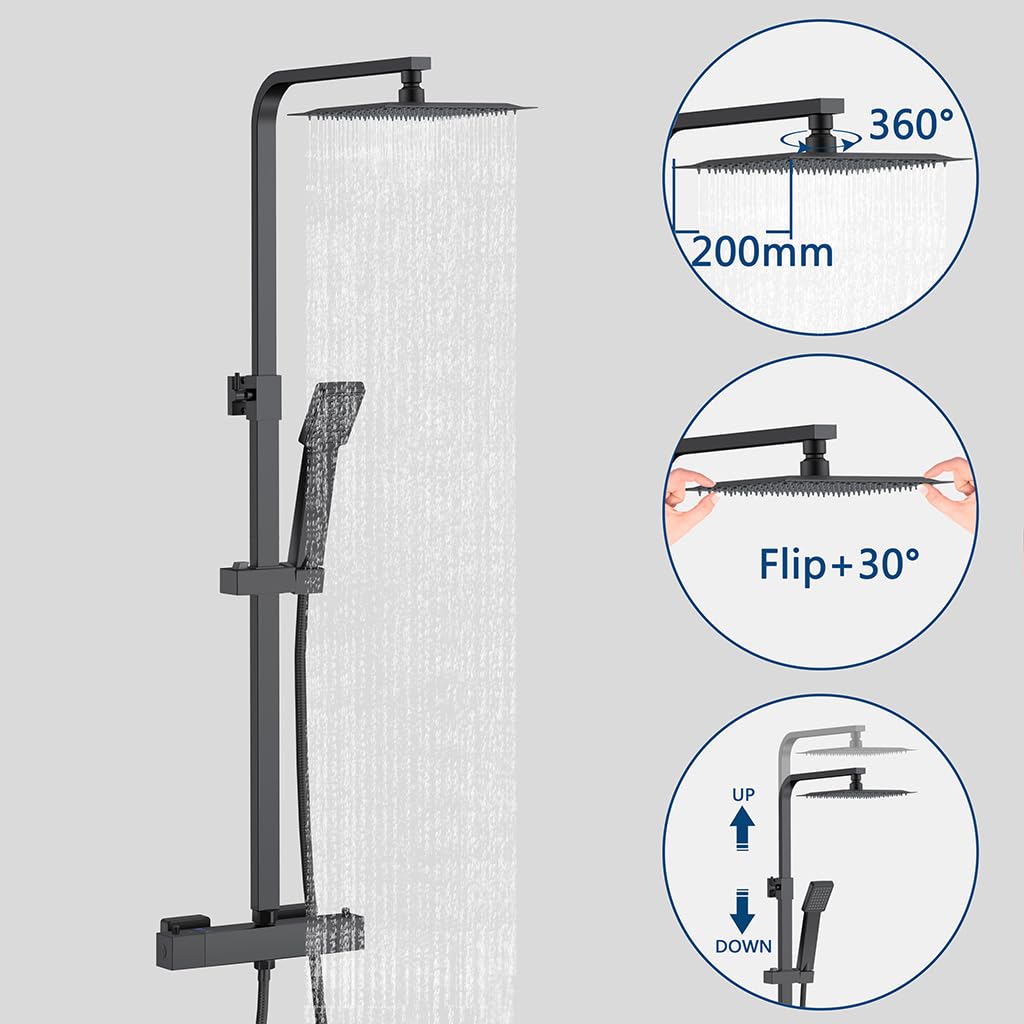 OCEAN ITALY Kit Doccia con Soffione, Doccetta, Miscelatore Quadrati, Soffione Doccia 20x20cm Acciaio Inox con Ugelli Anticalcare, Colonna Doccia Termostatico Antiscottatura, Nero Opaco