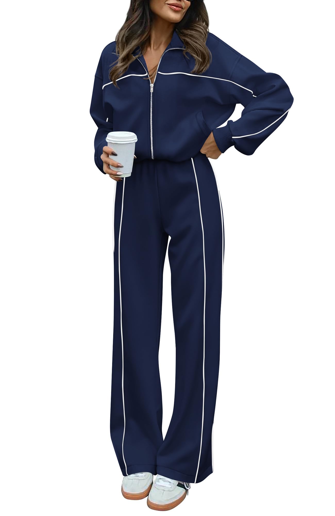 Photo 1 of BTFBM Women's Two Piece Tracksuit Spring 2026 Long Sleeve Zip Up Sweatshirt Long Pants Outfits Jogger Sweatsuit Sets(Navy Blue,Medium)